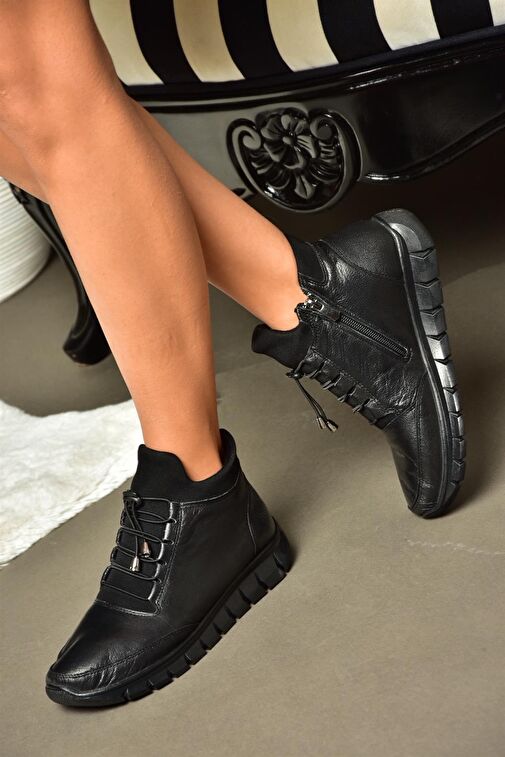 R555301003 Siyah Hakiki Deri Comfort Ortopedik Taban Kadın Bot - Görsel 5