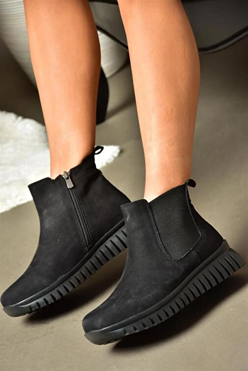 R555400201 Siyah Hakiki Deri Nubuk Kadın Bot - Görsel 2