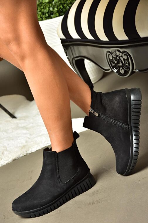 R555400201 Siyah Hakiki Deri Nubuk Kadın Bot - Görsel 4