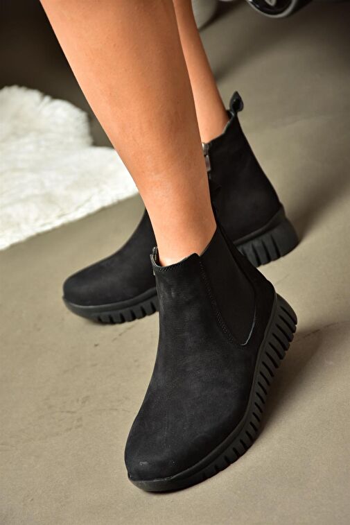 R555400201 Siyah Hakiki Deri Nubuk Kadın Bot - Görsel 5