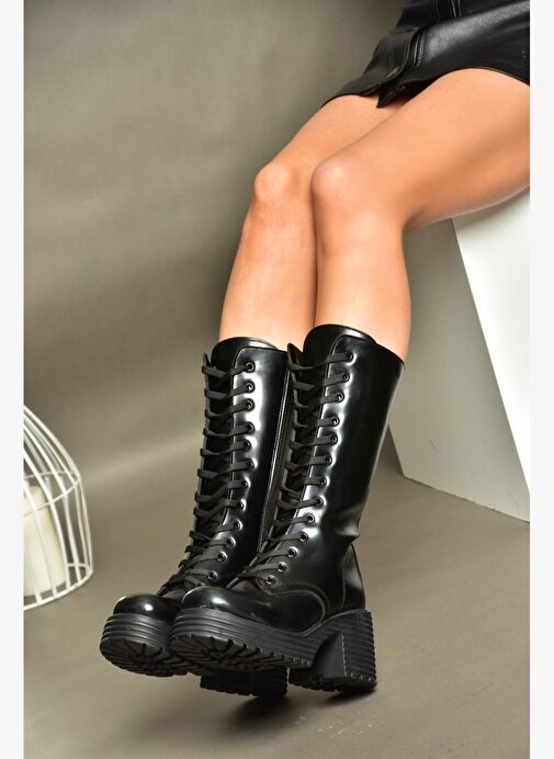 R996021035 Siyah Açma Deri Kalın Topuklu Kadın Postal Çizme - Görsel 3