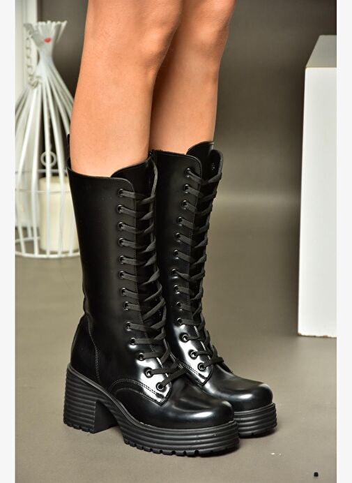 R996021035 Siyah Açma Deri Kalın Topuklu Kadın Postal Çizme - Görsel 2