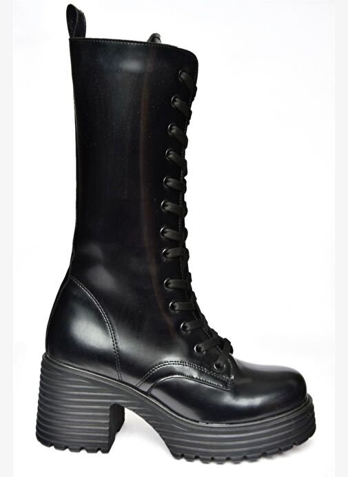 R996021035 Siyah Açma Deri Kalın Topuklu Kadın Postal Çizme - Görsel 7