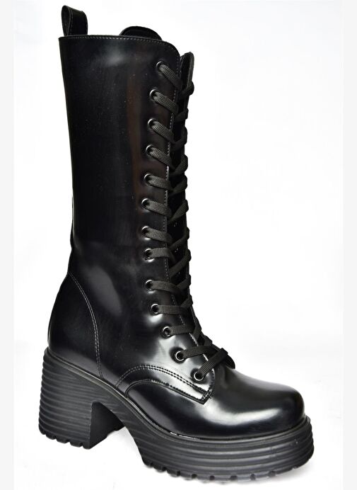 R996021035 Siyah Açma Deri Kalın Topuklu Kadın Postal Çizme - Görsel 8