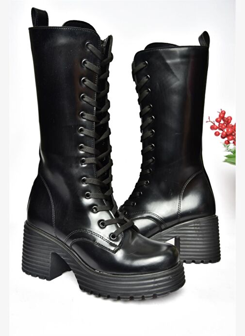 R996021035 Siyah Açma Deri Kalın Topuklu Kadın Postal Çizme - Görsel 9