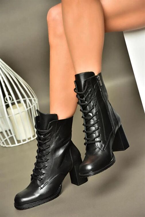 R654026703 Siyah Hakiki Deri Kalın Topuklu Kadın Bot - Görsel 2