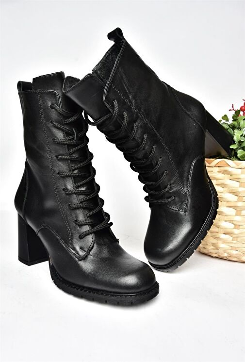 R654026703 Siyah Hakiki Deri Kalın Topuklu Kadın Bot - Görsel 8