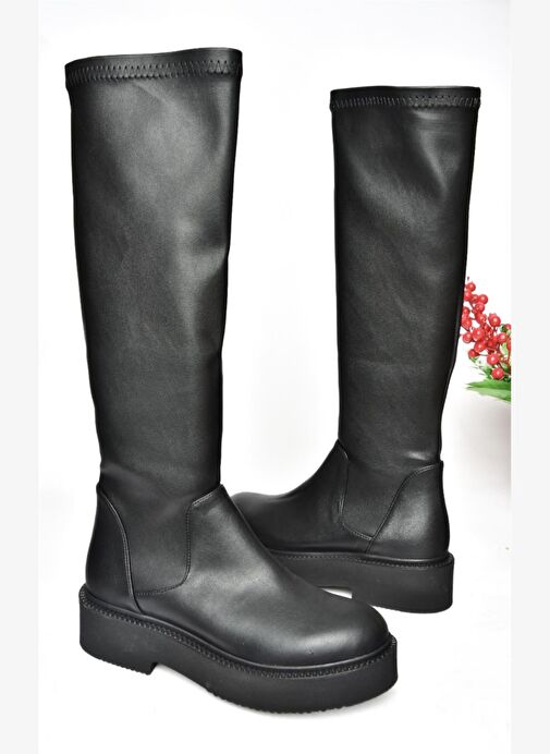 R272928209 Siyah Streç Deri Kadın Çizme - Görsel 9