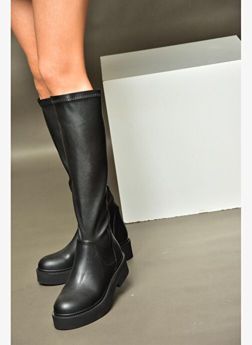 R272928209 Siyah Streç Deri Kadın Çizme - Görsel 6
