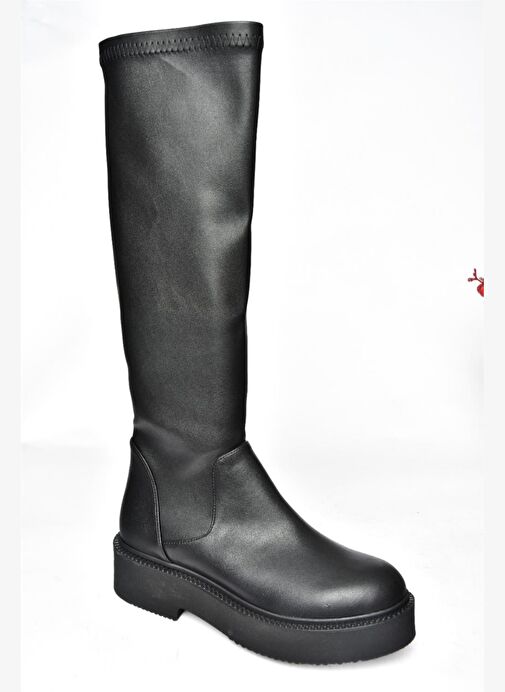 R272928209 Siyah Streç Deri Kadın Çizme - Görsel 8