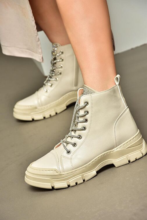 R602889909 Bej Taş Detaylı Kadın Bot - Görsel 3