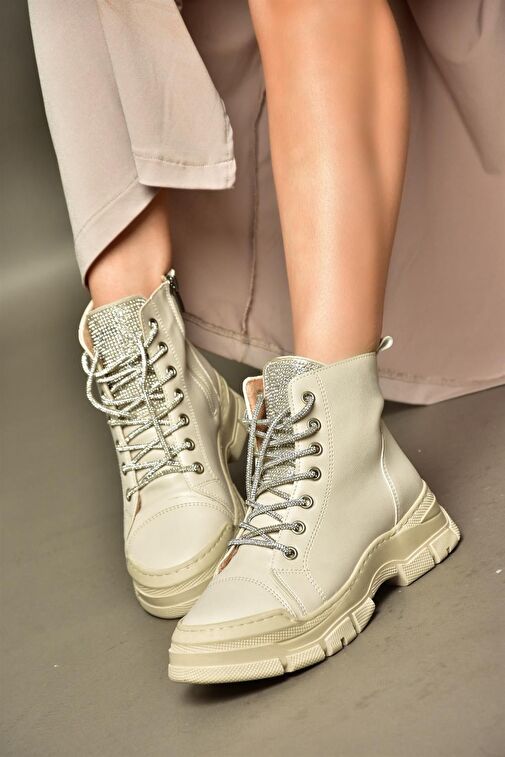 R602889909 Bej Taş Detaylı Kadın Bot - Görsel 4
