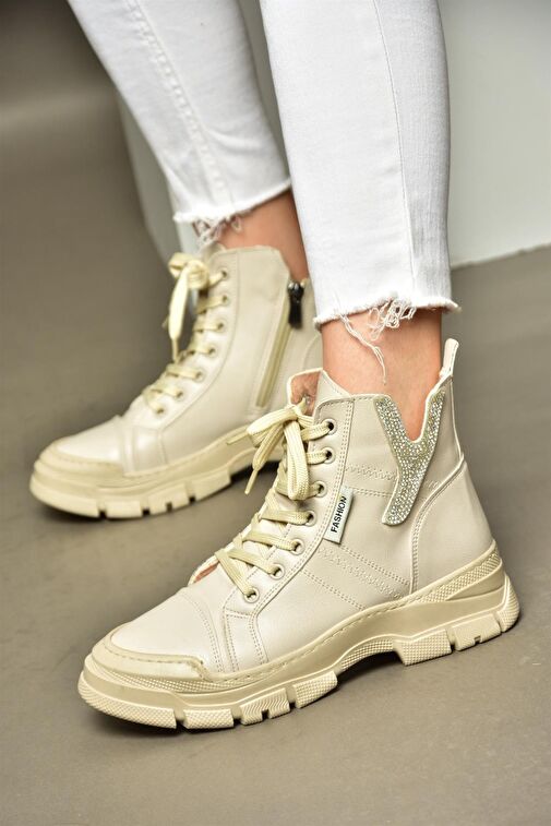 R602085209 Bej Taş Detaylı Kadın Bot - Görsel 2