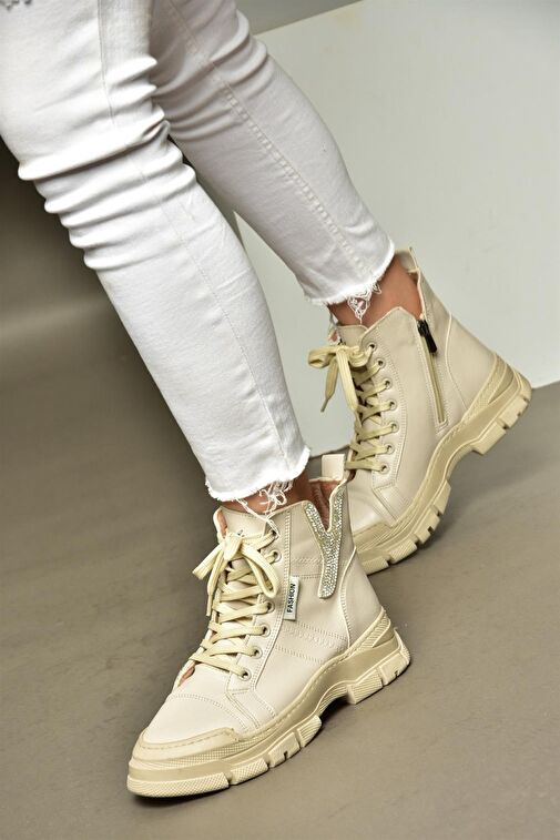 R602085209 Bej Taş Detaylı Kadın Bot - Görsel 3