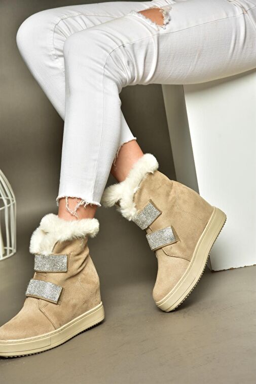 R602891602 Bej Süet Dolgu Topuklu Kadın Bot - Görsel 3