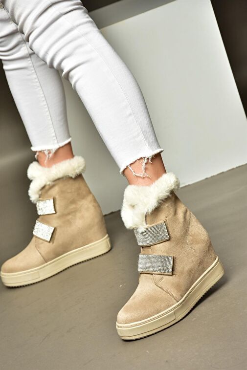 R602891602 Bej Süet Dolgu Topuklu Kadın Bot - Görsel 4