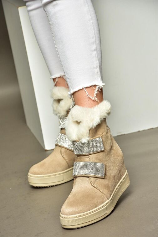 R602891602 Bej Süet Dolgu Topuklu Kadın Bot - Görsel 5