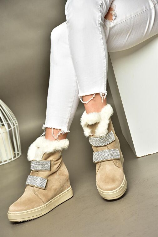 R602891602 Bej Süet Dolgu Topuklu Kadın Bot - Görsel 6