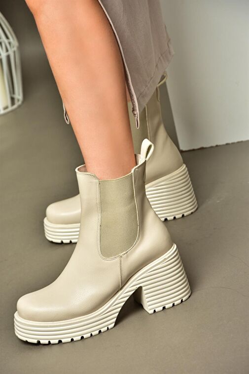 R996020009 Bej Kalın Topuklu Kadın Bot - Görsel 2