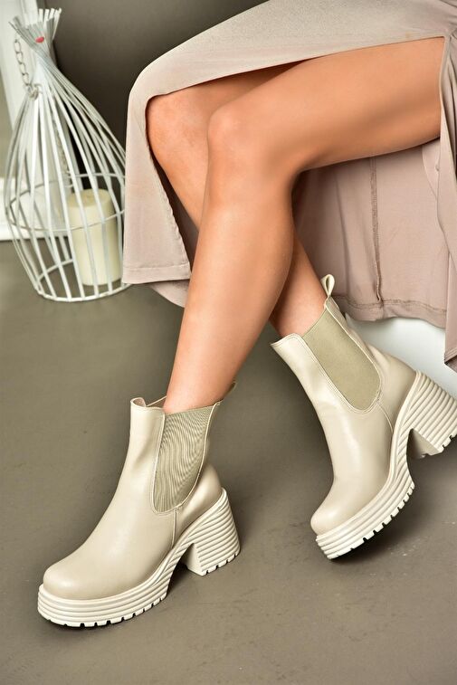 R996020009 Bej Kalın Topuklu Kadın Bot - Görsel 3