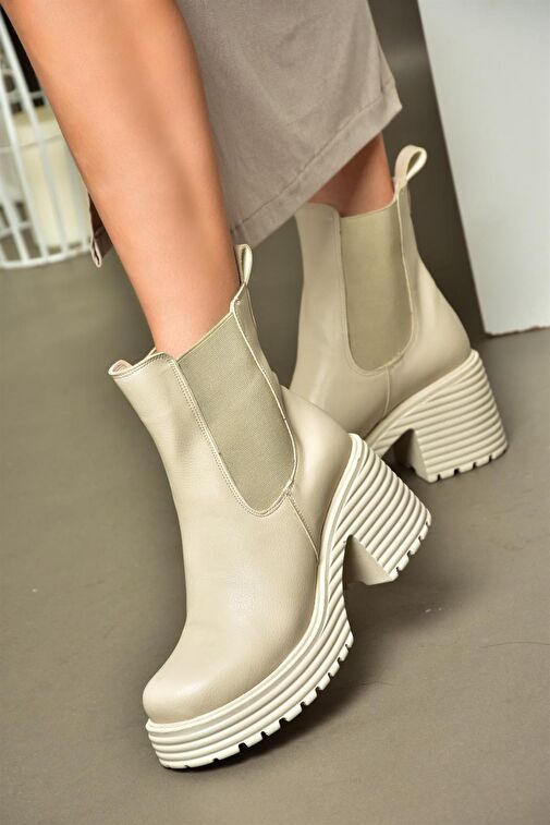 R996020009 Bej Kalın Topuklu Kadın Bot - Görsel 5