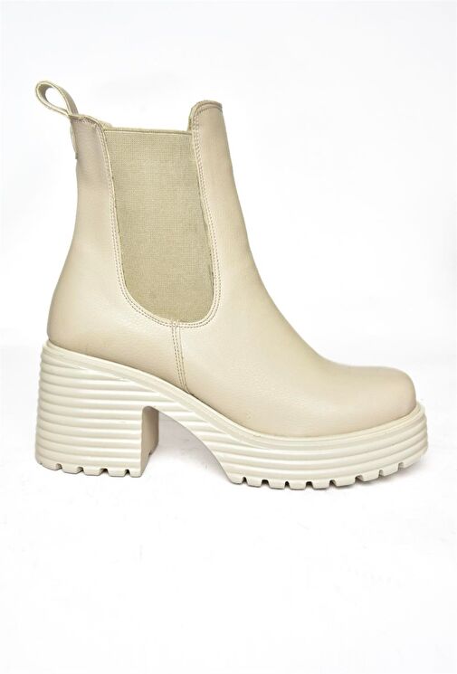 R996020009 Bej Kalın Topuklu Kadın Bot - Görsel 6