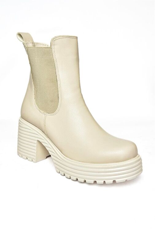 R996020009 Bej Kalın Topuklu Kadın Bot - Görsel 7