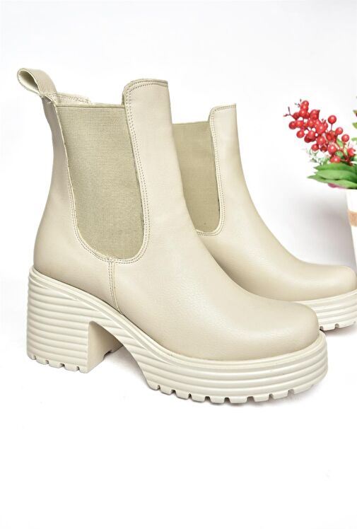 R996020009 Bej Kalın Topuklu Kadın Bot - Görsel 8