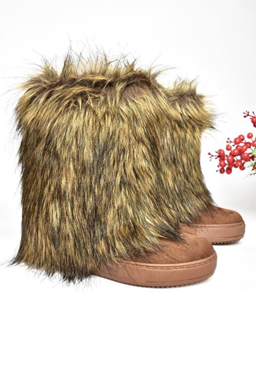 R602043002 Taba Süet Dolgu Topuklu Tüylü Kadın Bot - Görsel 9