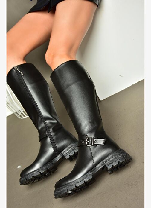 R518096809 Siyah Fermuarlı Alçak Topuklu Kadın Çizme - Görsel 3