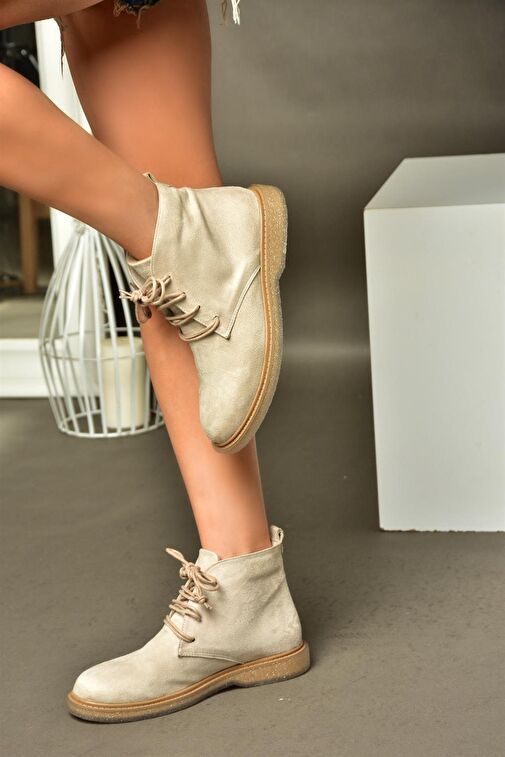 R374923202 Bej Süet Alçak Taban Klasik Kadın Bot - Görsel 2