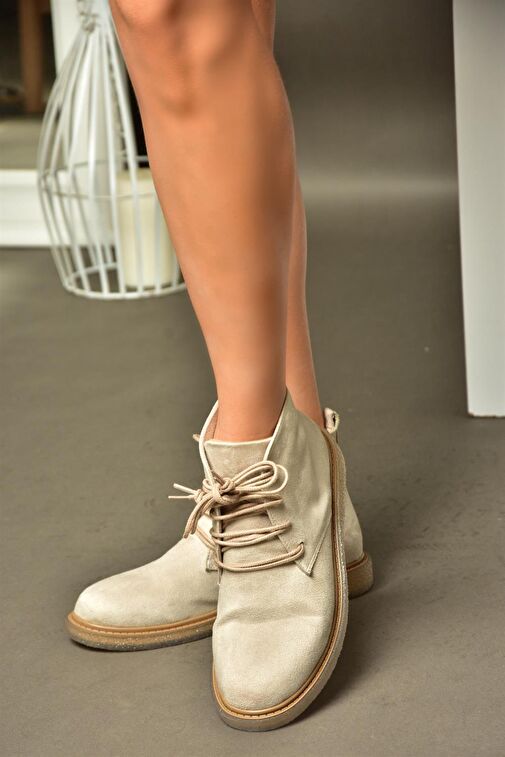 R374923202 Bej Süet Alçak Taban Klasik Kadın Bot - Görsel 3