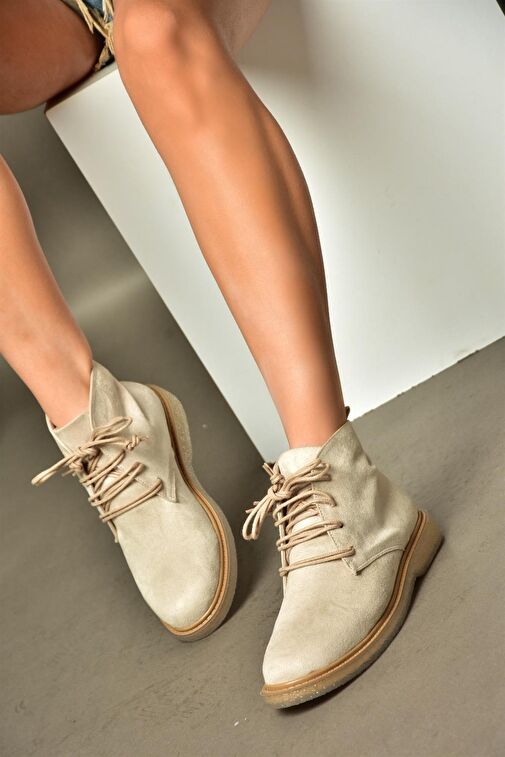R374923202 Bej Süet Alçak Taban Klasik Kadın Bot - Görsel 5
