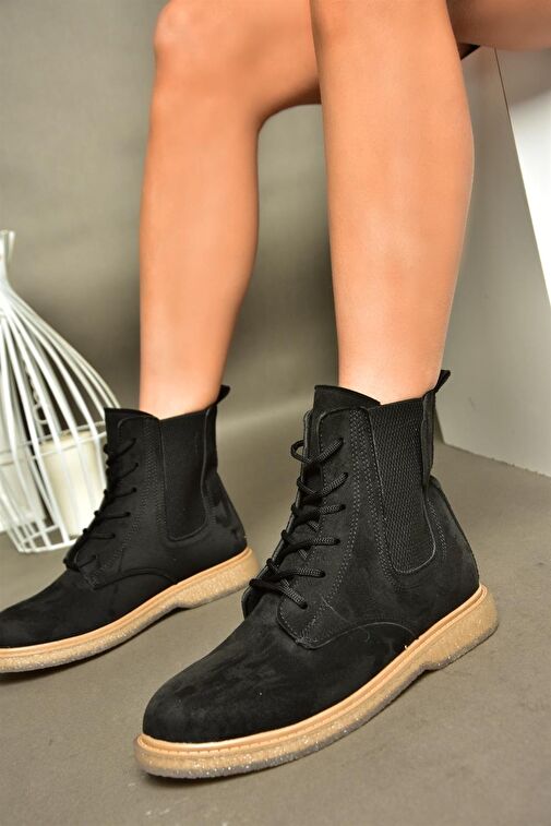 R374961902 Siyah Süet Yanı Lastikli Klasik Kadın Bot - Görsel 5