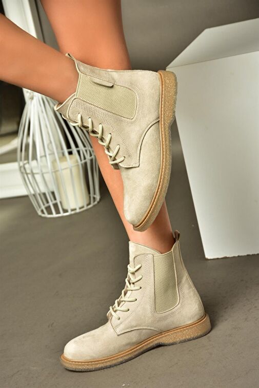 R374961902 Bej Süet Yanı Lastikli Klasik Kadın Bot - Görsel 4