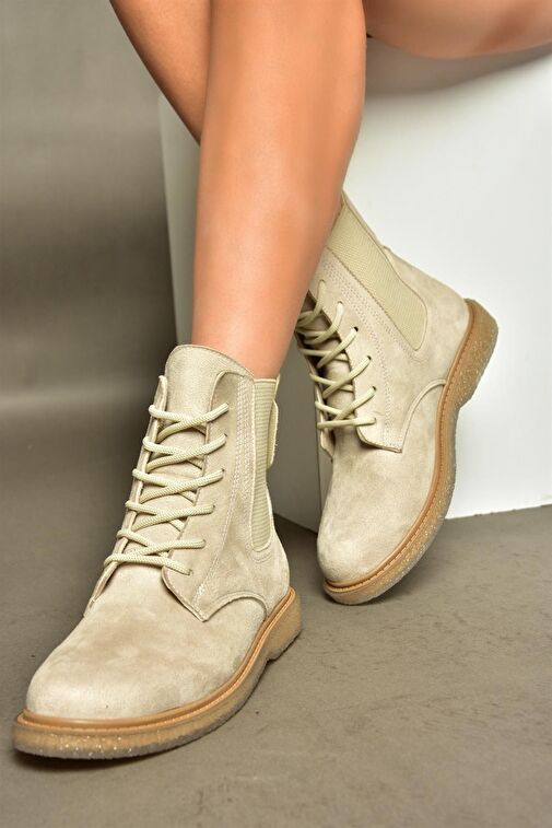 R374961902 Bej Süet Yanı Lastikli Klasik Kadın Bot - Görsel 5