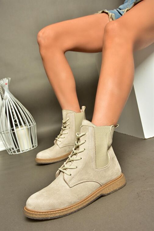 R374961902 Bej Süet Yanı Lastikli Klasik Kadın Bot - Görsel 6