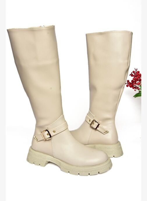 R518096809 Bej Fermuarlı Alçak Topuklu Kadın Çizme - Görsel 6