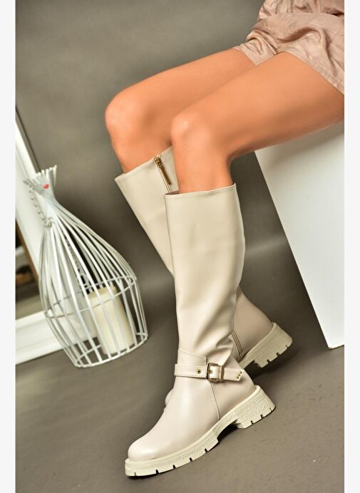 R518096809 Bej Fermuarlı Alçak Topuklu Kadın Çizme - Görsel 2