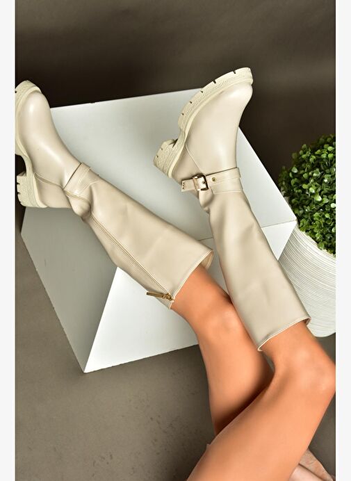 R518096809 Bej Fermuarlı Alçak Topuklu Kadın Çizme - Görsel 3