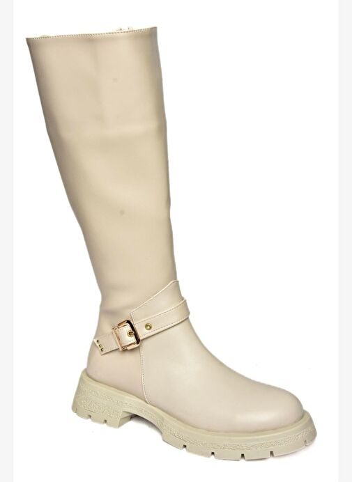 R518096809 Bej Fermuarlı Alçak Topuklu Kadın Çizme - Görsel 8