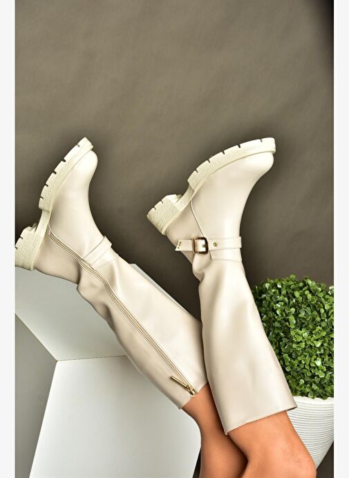 R518096809 Bej Fermuarlı Alçak Topuklu Kadın Çizme - Görsel 4