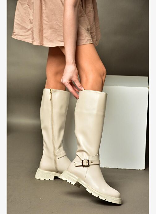 R518096809 Bej Fermuarlı Alçak Topuklu Kadın Çizme - Görsel 5