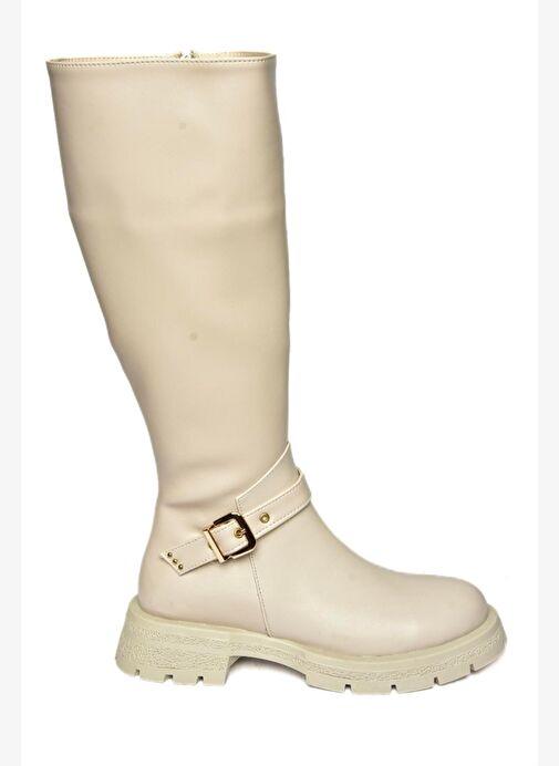 R518096809 Bej Fermuarlı Alçak Topuklu Kadın Çizme - Görsel 7