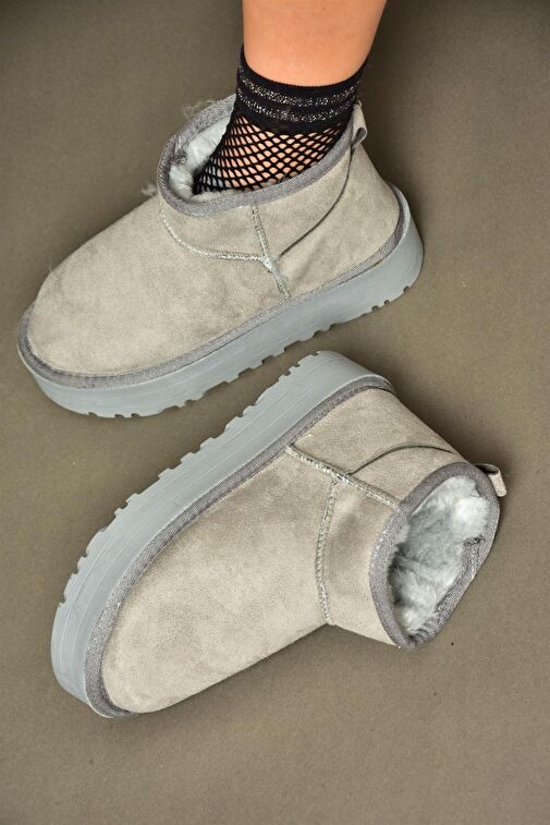 R612033402 Gri Süet İçi Tüylü Kalın Tabanlı Yarım Kadın Bot - Görsel 4
