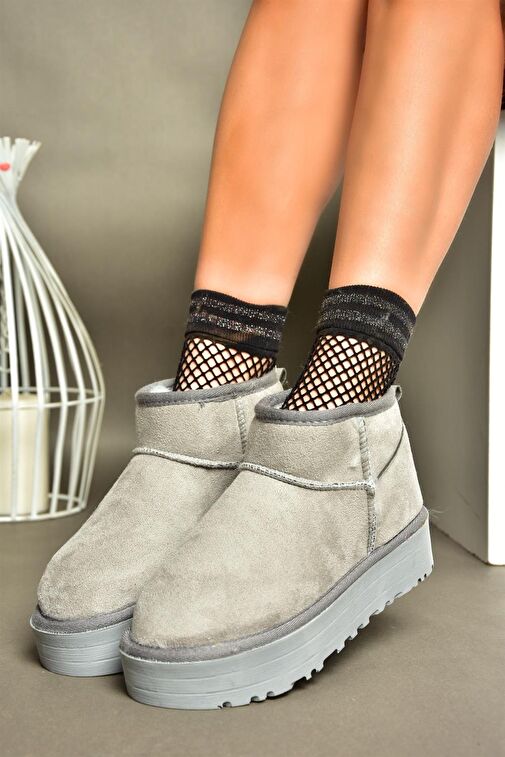 R612033402 Gri Süet İçi Tüylü Kalın Tabanlı Yarım Kadın Bot - Görsel 5