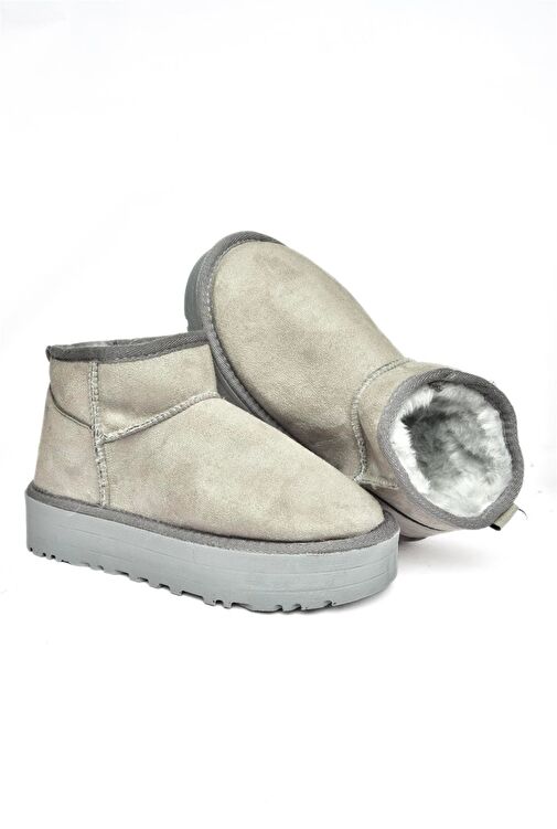 R612033402 Gri Süet İçi Tüylü Kalın Tabanlı Yarım Kadın Bot - Görsel 7