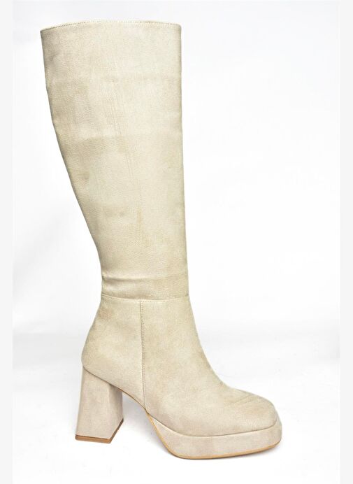 R282230102 Bej Süet Kalın Topuklu Kadın Çizme - Görsel 14