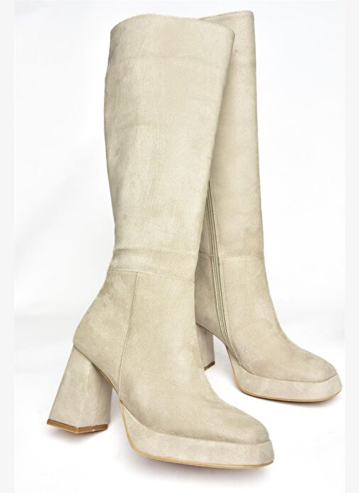 R282230102 Bej Süet Kalın Topuklu Kadın Çizme - Görsel 6