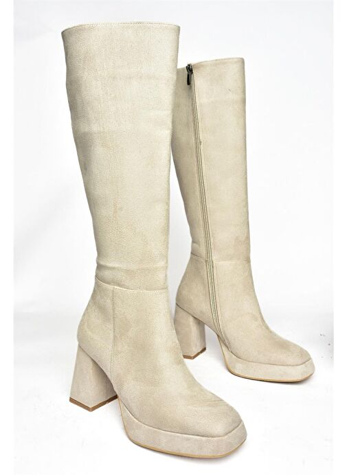 R282230102 Bej Süet Kalın Topuklu Kadın Çizme - Görsel 13